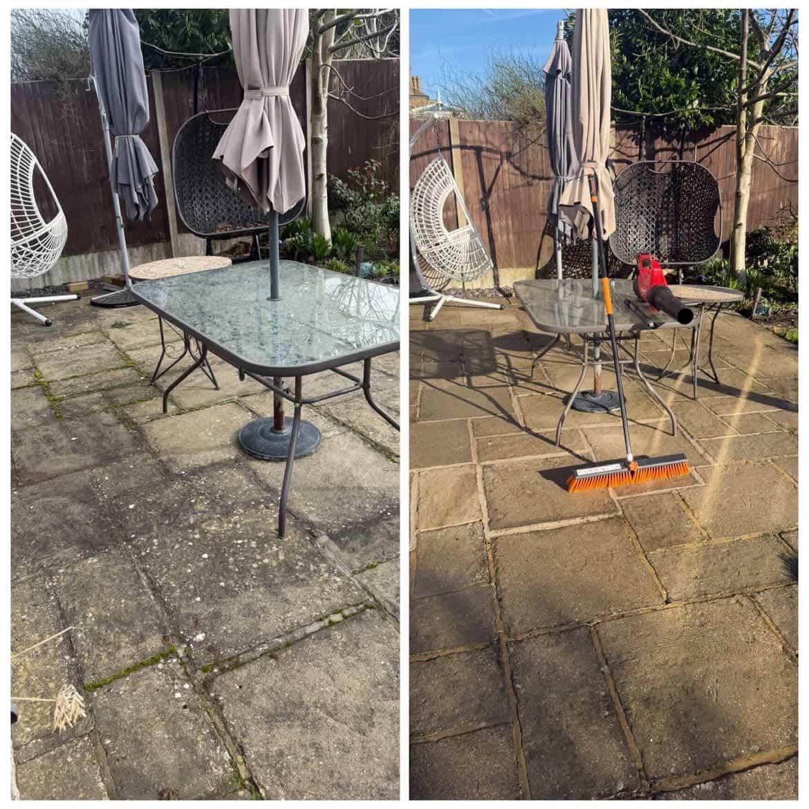 Before and after patio cleaning showing moss removal results