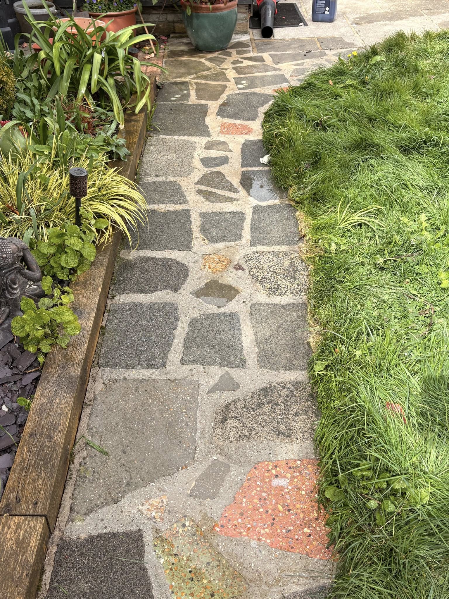 Stone pathway through garden with decorative gravel pattern